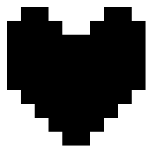 A black Pixellated Heart, to be used as an image mask for profile pictures, icons, or images. each pixel is 90p, and this heart has a wider-spaced gap between the two bumps at the top, which are pointed up. the bottom is mostly pointy. (this image is a transparent PNG.)