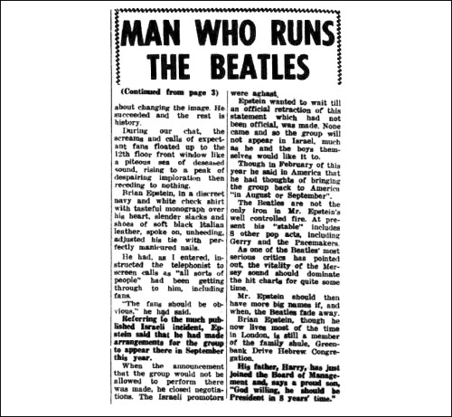 ‘Man Who Runs the Beatles’ by Adrian Rawlins (The Australian Jewish News - June 19, 1964)It was thro