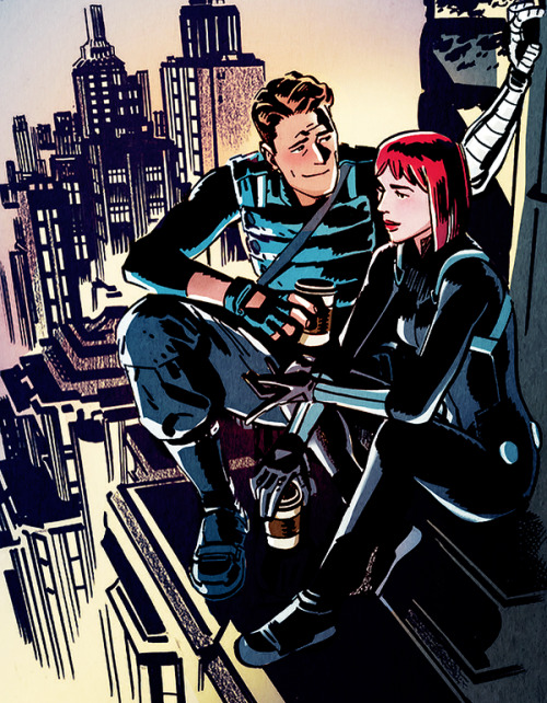 cptsteven:Chris Samnee: Bucky & NatThese were all black and white - I felt like coloring them be