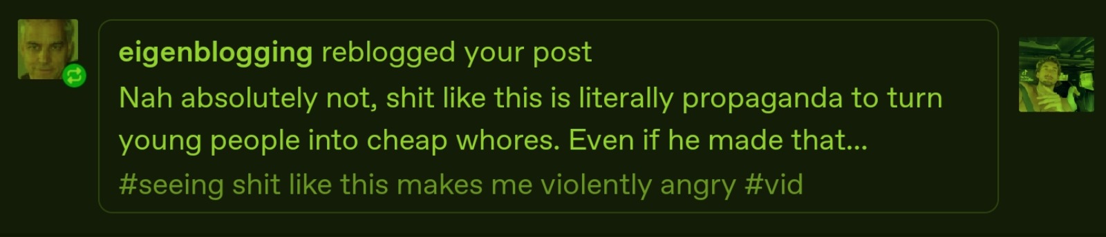 screenshot of a notification of user eigenblogging's reblog. They say: "nah absolutely not, shit like this is literally propaganda to turn young people into cheap whores. Even if he made that... [trails off] [hashtag] seeing shit like this makes me violently angry [hashtag] vid"