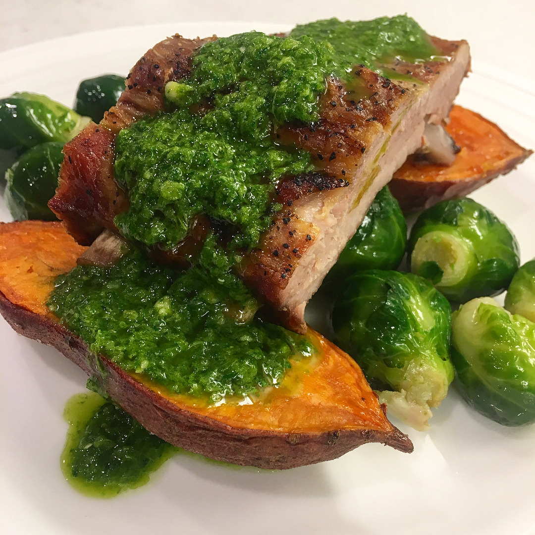 A special and colorful dinner to celebrate day 30 of my first round of the Whole30 program. Roasted baby back ribs, roasted yams, packed Brussels sprouts, and a spinach-parsley salsa verde. Simple, homey, and holy-smokes delicious!
I originally...