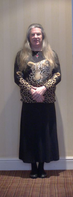 Wednesday outfit. Leopard design top, black skirt, black opaque tights & black ballet flats.