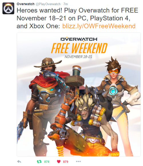 boilingheart:Hey just so you know, you’ll be able to play Overwatch for free from November 18-