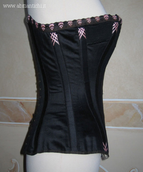 Black silk satin corset with pink flossing1890sWaist: 51 cm (20 inches)