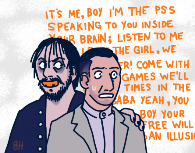 a digital drawing of characters from The Cry of Mann. Frank is standing, staring into the distance with a fearful look. Gergiev is behind him with a hand on his shoulder, reciting the PS5 rap.