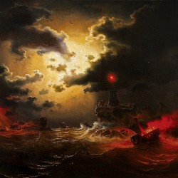 oldoils:  Ocean in moonlight with lighthouse and burning steamers Marcus Larson - 1859 