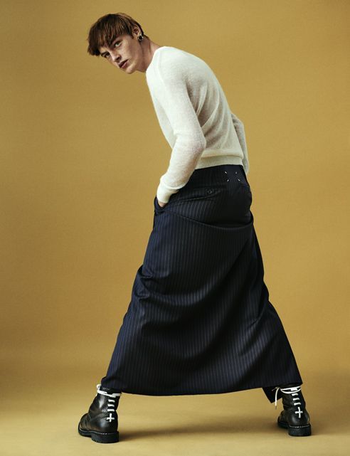 1000sassa1000:men should wear skirts!Kenzo sweater, Maison Martin Margiela skirt, Givenchy earrings 