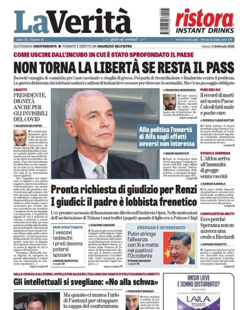 Buongiorno, ecco #LaVeritàdioggi
Non torna la libertà se resta il pass
Matteo Bassetti vaneggia di «amnistia per i non vaccinati» e sbaglia di grosso. Poi parla di riconciliazione e finalmente centra il problema. La guerra dichiarata dai talebani...