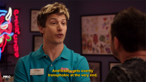 priestessamy: trans-mom:  tracyalexander:   sixmonthsandgone: Brooklyn Nine-Nine is a great show and everyone should be watching it this was the thing i was talking about, the first time i heard the word “tranphobic” in a TV show.   Yeah, Brooklyn