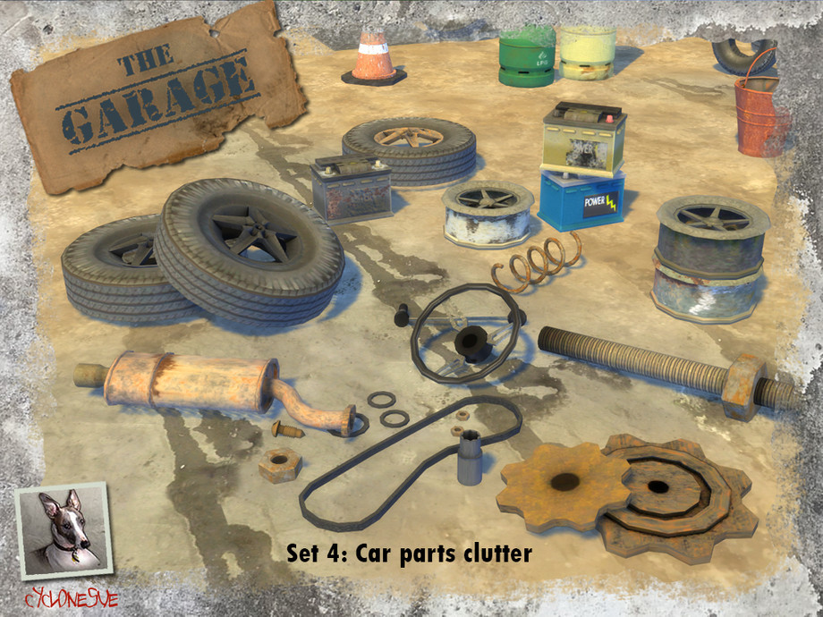The Garage - Set 4: Car Parts Clutter by Cyclonesue Created for: The Sims 4
Given that there are STILL no cars in the game, I was going to build you one. But I never could make anything (as downloaders long past will know) so I’m giving you the bits...