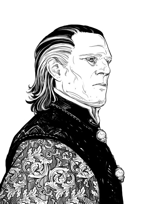 A black and white line drawing of Emhyr var Emreis from the Witcher games, looking stern and wearing a patterned shirt and waistcoat.