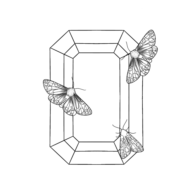 :May Birthstone Moth DesignThere are four versions of the illustration: blank lineart with a white background, blank lineart with no background, colored lineart with no background, and colored lineart with a dark background. And they are all free to use!