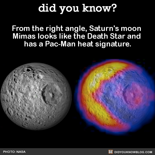 did-you-kno:From the right angle, Saturn’s moon Mimas looks like the Death Star and has a Pac-Man he