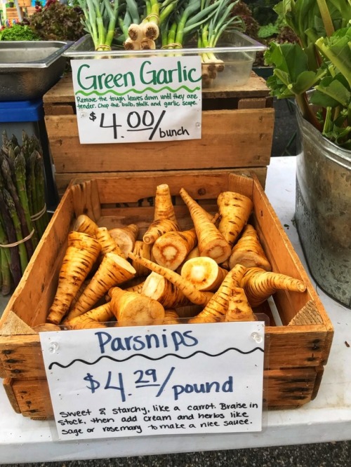 Green Garlic $4 a Bunch, Parsnips $4.29 a Pound, Burke Farmers Market, Fairfax, 2018.There was a tim