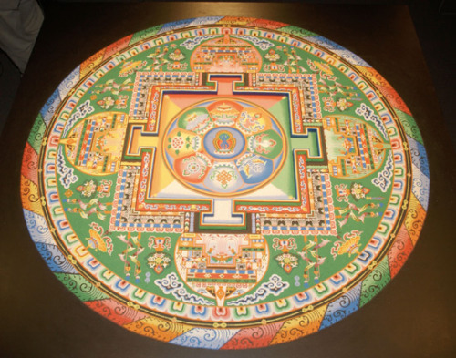 freersackler:  In response to the September 11 tragedies, twenty Buddhist monks from the Drepung Loseling Monastery constructed a sand mandala (sacred painting) at the Sackler in 2002. This seven-foot-square mandala, one of the largest ever created in