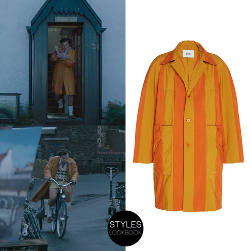 styleslookbook:In the Adore You music video, Harry is wearing a Bode duo-striped nylon trenchcoat.Bo