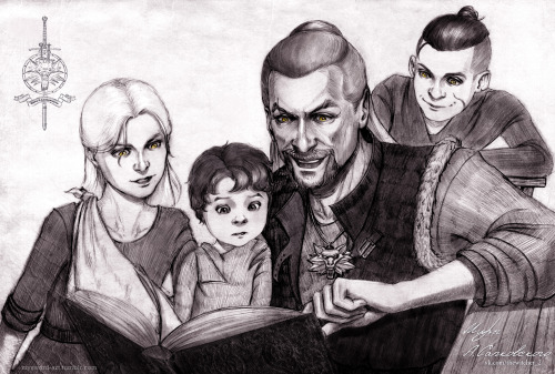 Lil witchers (Geralt, Lambert and Eskel) listening to tales of their “father” Vesemir