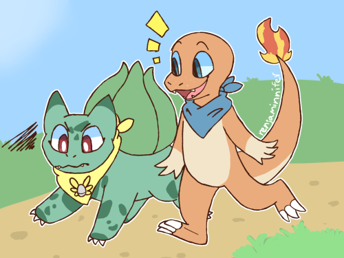 artfight attack for @shinycastor !ID Start: A Bulbasaur and Charmander walking down a road. They’re 