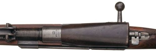 World War I German Gewehr 98 bolt action rifle with dust cover over action, produced by the Amberg A