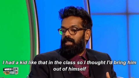 panelshowgold:Romesh Ranganathan explaining how he accidentally locked a pupil in a cupboard - Would