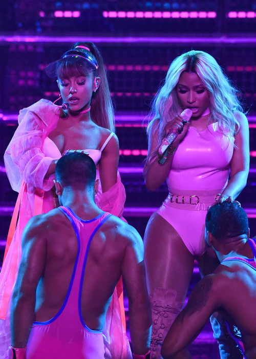 celebritiesofcolor: Ariana Grande and Nicki Minaj perform onstage during the 2016 MTV Video Music A
