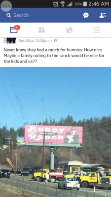 my-grey-eyes:  Omg, I am dying laughing.  My crazy religious conservative older friend posted this while on her way home from a Christmas vacation in Reno.  I guess she and ALL OF HER FRIENDS THINK IT’S AN ACTUAL BUNNY RANCH WITH CUTE LITTLE BUNNIES