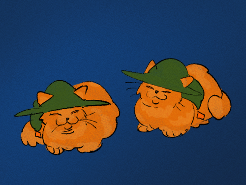 James Cobb and Pike Mage drawn as two little orange cats wearing green wizard hats on a blue background, resembling the 'two of them' meme.
