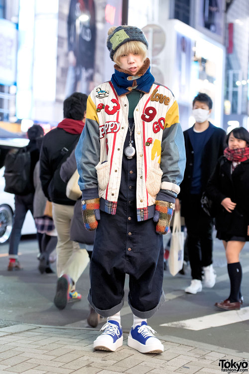 22-year-old Shizuru on the street in Harajuku wearing a HEIHEI jacket with Christopher Nemeth overal