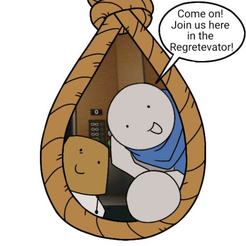 A digital drawing of a noose with Lampert and Wallter from Regretevator appearing to be talking to the viewer from inside of it, the interior of the Regretevator behind them in an otherwise blank white background. Wallter is reaching his hand out towards the viewer and smiling while saying "Come on! Join us here in the Regretevator!"