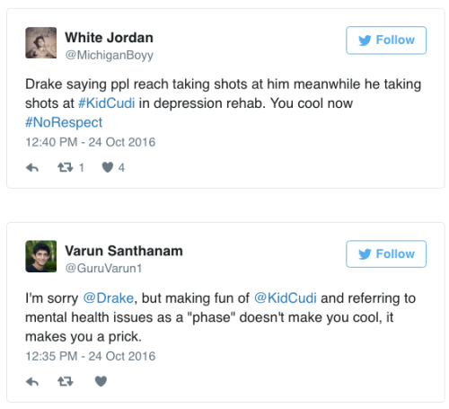 the-movemnt:Drake mocks Kid Cudi’s mental illness on new song “Two Birds, One Stone” Fans on social media are calling out for Drake for what many are saying is an unfair attack on Kid Cudi and his mental health troubles. In “Two Birds One Stone,”