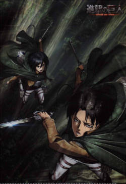 The Mikasa + Levi clear file that comes with Bessatsu Shonen’s July 2015 issue, containing chapter 70!It promotes the upcoming 2nd SnK compilation film, which includes the Female Titan scene in the Forest of Giant Trees.