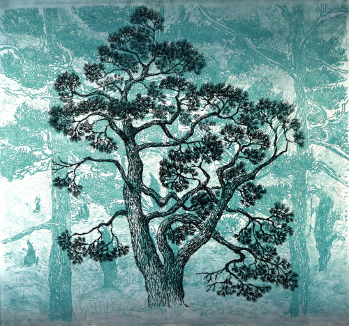 Coniferous forest life  -  Inari Krohn , 2018.Finnish,b.1945-line etching, watercolor woodcut, Chine