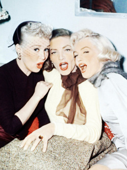 :  Betty Grable, Lauren Bacall &amp; Marilyn Monroe on the set of How to Marry a Millionaire, 1953. 