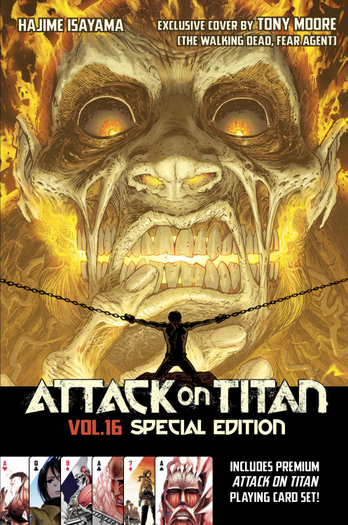fuku-shuu:  At San Diego Comic Con today, Kodansha USA announced that Tony Moore, artist of The Walking Dead comics, will provide original dust jacket artwork for the upcoming Special edition English release of Shingeki no Kyojin Vol. 16!Release Date: