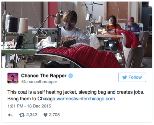 stylemic:Chance the Rappers helps get sleeping bag coats to the homelessThe project, called Warmest 