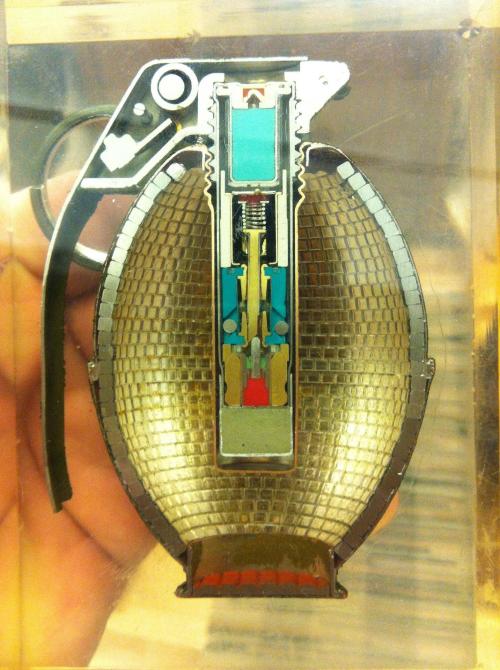 criminalwisdom:  INSIDE OF A FRAG GRENADE» So to start, this is an M26A1 grenade (edit: or possibly a later variant within the M26 family).  The hollow area was filled with just under 6oz of Composition B, (one of the most common explosive fillers for