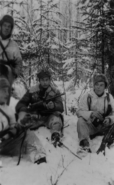 suomisodassa:Finnish soldiers resting in a forest during winter.