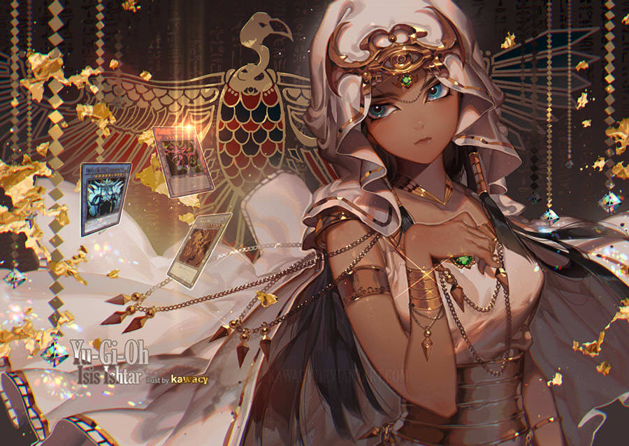 kawacy: Isis Ishtar from Yu-Gi-Oh!+all Three Legendary God Cards: Slifer, Ra, and