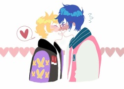 cantyouseeimshippinghere:  i was drawing them wearing each others jackets and then shotanerd kisses happened idek 