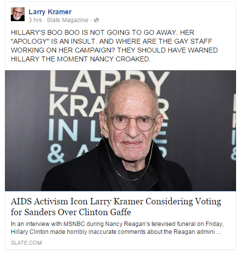 Larry Kramer Responds to Hillary Clinton’s Reagan AIDS Advocacy Gaffe