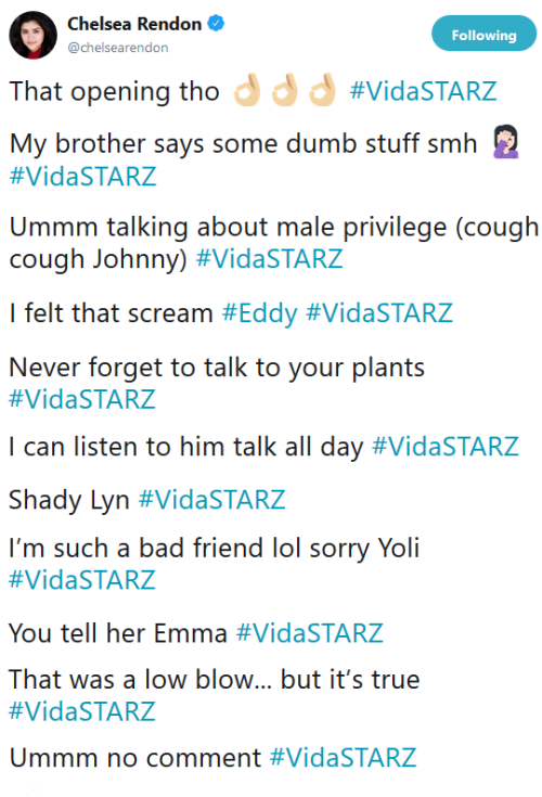 Chelsea Rendon (Mari) & Mishel Prada (Emma) live tweets 1x03