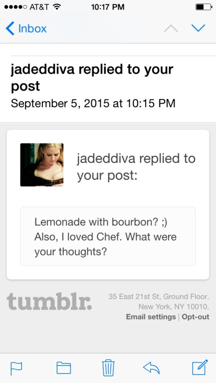 We both loved Chef! And yes, bourbon and lemonade are nice together! XDI had to reply like this beca