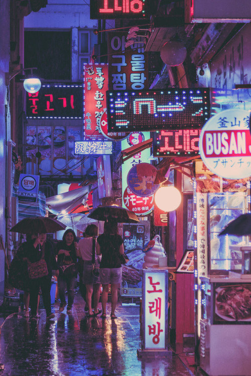 Myeong-dong alleyway on a rainy night.