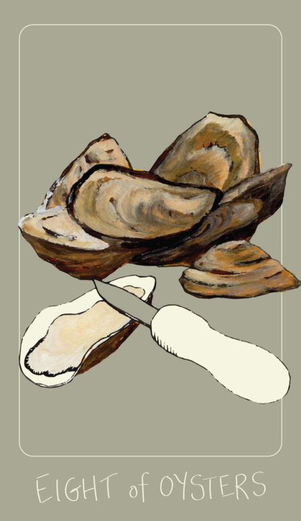 Eight of Oysters. Art by Nisse Lovendahl, from  The Herbal and Spiced Culinary Tarot.  The Eight of 
