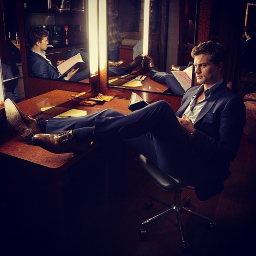 Jamie at his trailer while reading his FSOG script. Shared by Kristian Taylor Wood. 