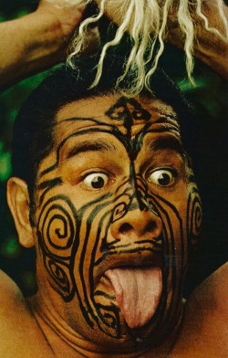 vintagenatgeographic:  Greasepainted Maori dancer entertains tourists at a New Zealand hotel National Geographic | September 1971