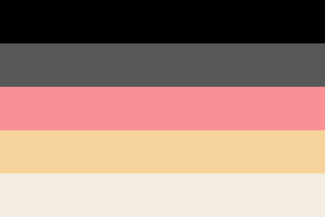 A five stripe flag. From top to bottom the stripes are black, gray, coral pink, golden yellow, and light yellow