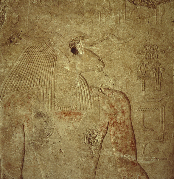 grandegyptianmuseum:    Old Kingdom relief of   Khnum “ram-headed”   deity, one