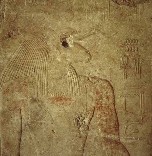 grandegyptianmuseum:  Old Kingdom relief of Khnum “ram-headed” deity, one of the earlies