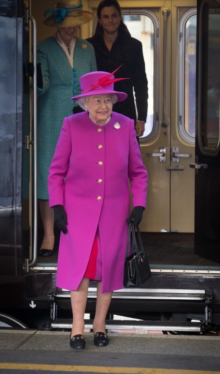 Queen Elizabeth II arrives at Plymouth Railway Station as she visits the city on March 20, 2015 in P